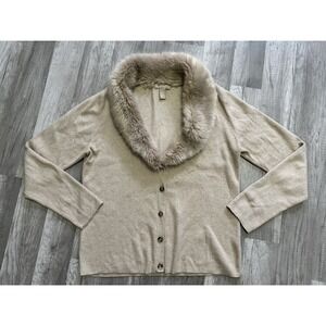Banana Republic Cardigan Wmn Sz XL Beige Cashmere Blend Faux Fur Collar *FLAW*